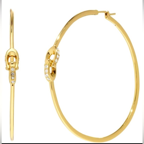 1BJ: COACH Signature “C” Brass & Crystal Hoop Earrings, EUC - Picture 1 of 10